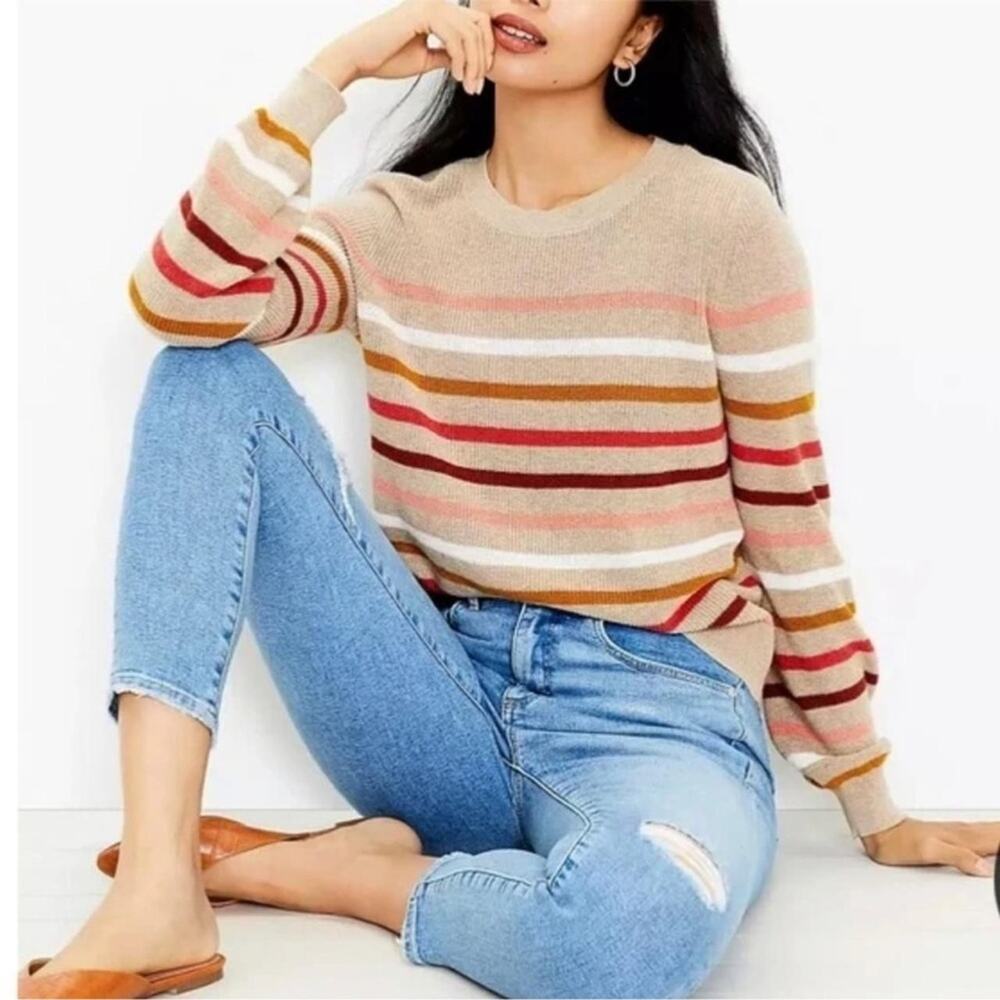Ann Taylor LOFT Sweater XL Tan Striped Crewneck 100% Cotton
